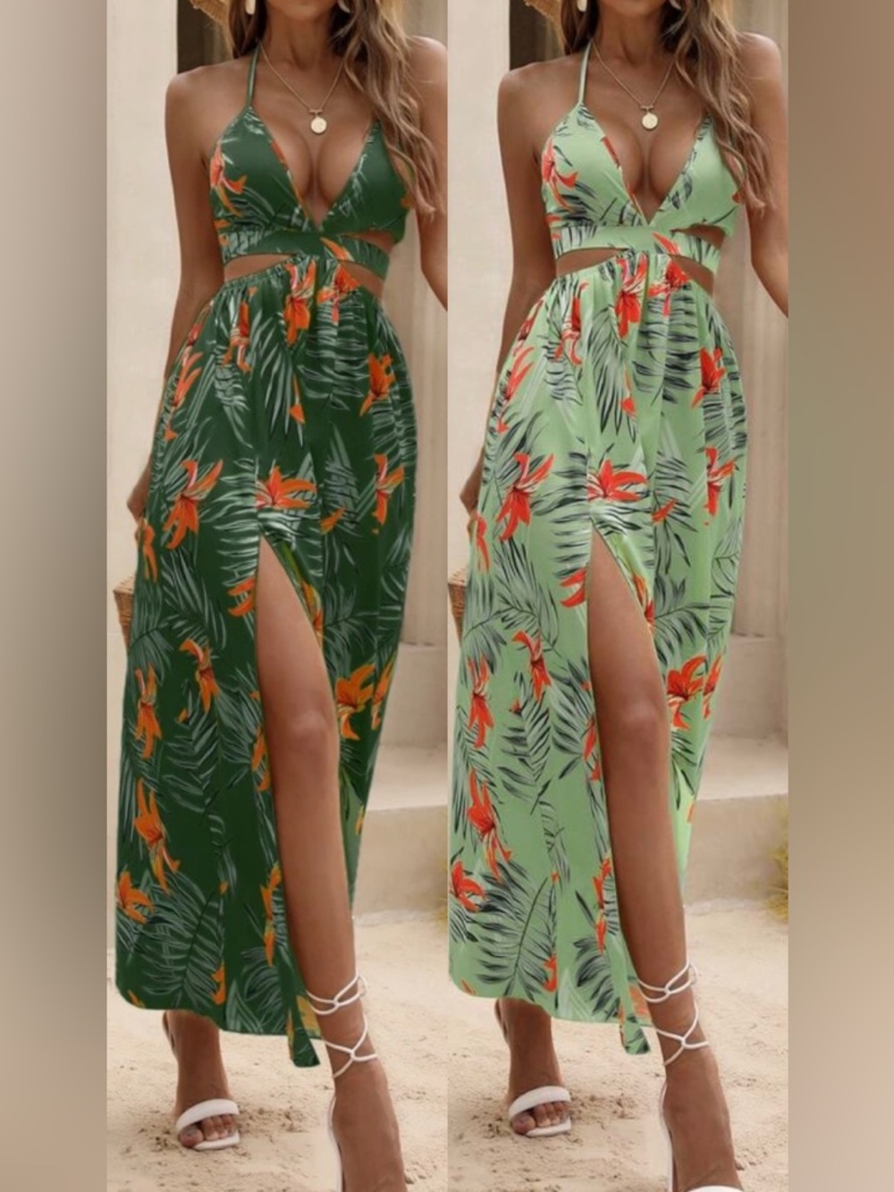 2 for 1 Deal! Tropical Print Backless Maxi Dresses (Dark Green & Mint Green)